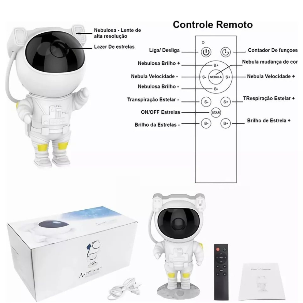 Luminária Astronauta  – Projetor de Céu Estrelado e Galáxia